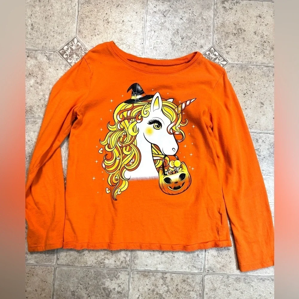 Girls Orange Children’s Place Sparkly Halloween Unicorn Long Sleeve T-Shirt 7/8